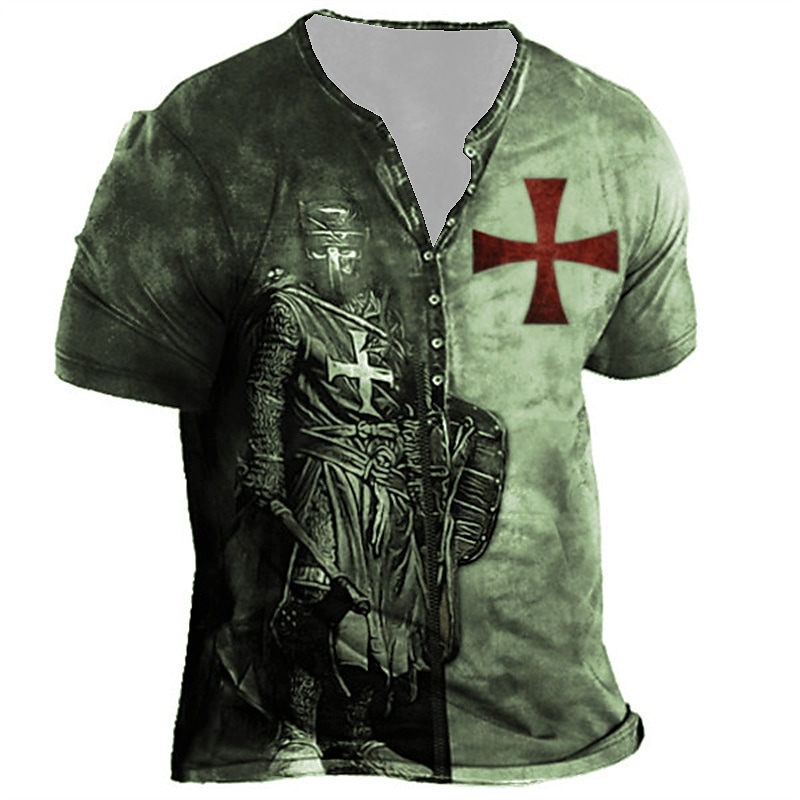 Men's 3D Graphic Prints Cross Button-Down Short Sleeve Casual Henley T-shirt 