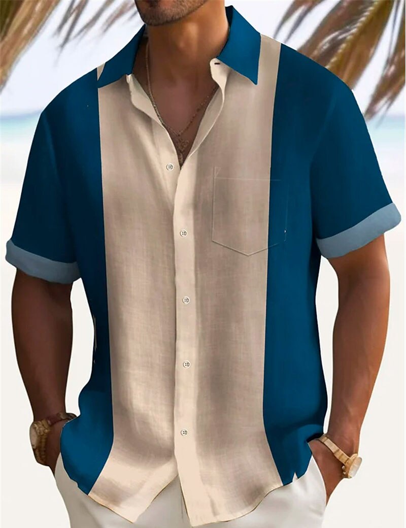 Men's Shirt Button Up Shirt Casual Shirt Summer Shirt Beach Shirt Wine Blue Green Short Sleeve Color Block Lapel Daily Vacation Front Pocket Clothing Apparel Fashion Casual Comfortable