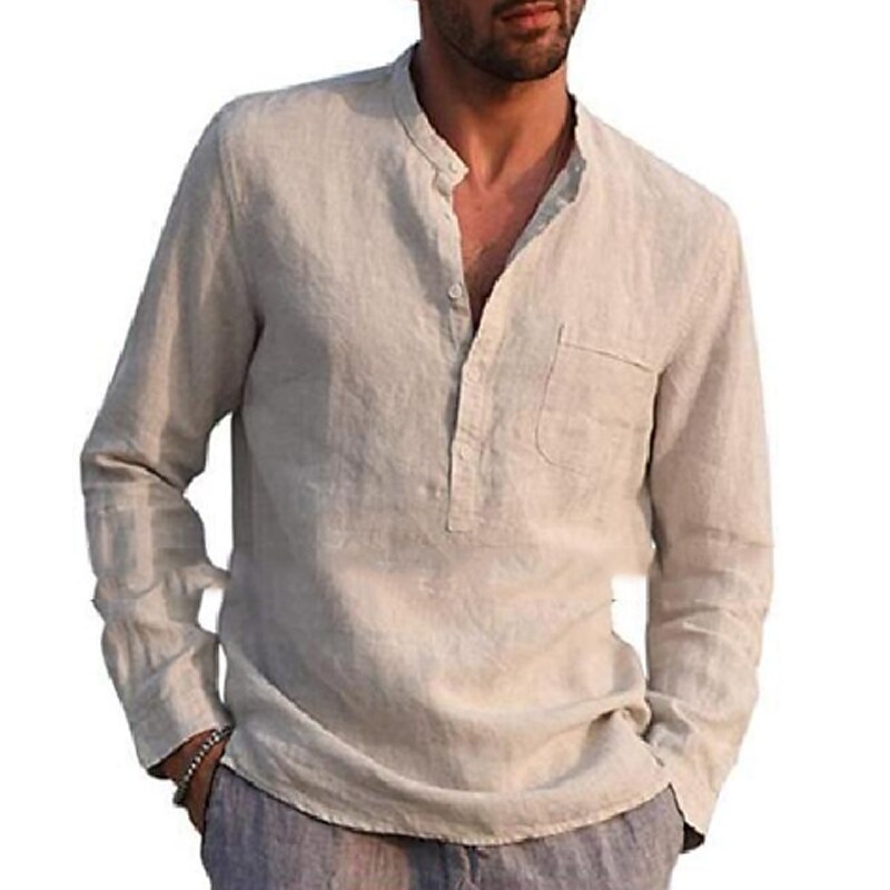 Men's V-Neck Fashion Designer Long Sleeve Linen Shirt