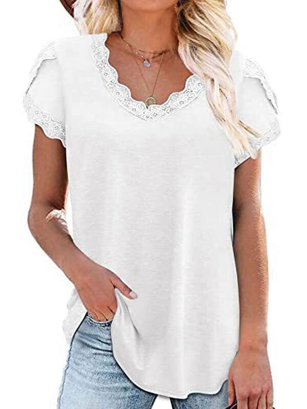 Women's Solid Color Lace Stitching Short-sleeved Cotton T-shirt 