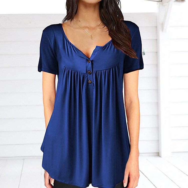 Women Plain Ruched Short Sleeve Button Casual Tops