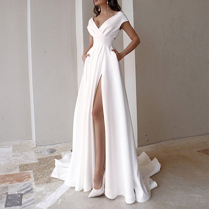 Women's V-Neck Elegant Luxurious Party Prom Maxi long Dress 
