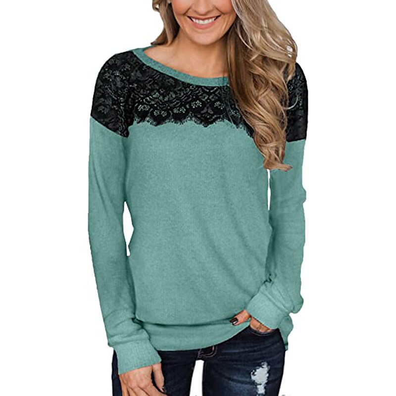 Women's lace stitching solid color long-sleeved t-shirt