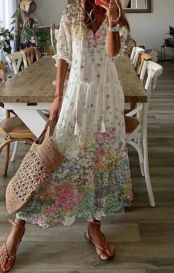Women's Half Sleeve Floral Ruched Ruffle Print Maxi long Dress