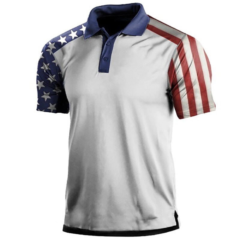 Men's Polo Shirt Golf Shirt American Flag Turndown White & Blue White Navy Blue Blue 3D Print Street Daily Short Sleeve 3D Button-Down Clothing Apparel Fashion Casual Comfortable
