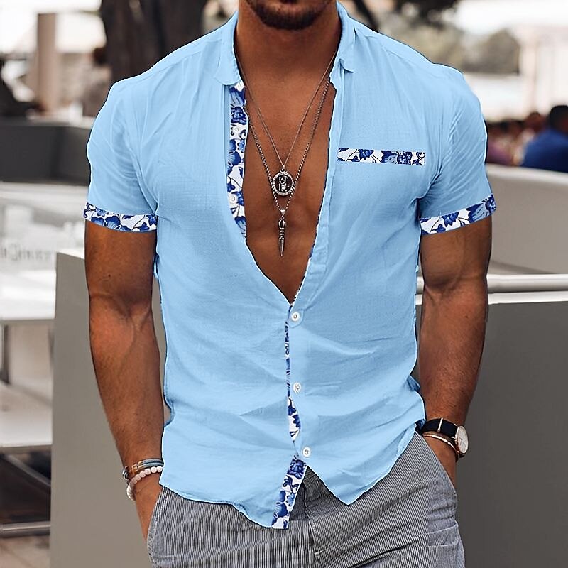 Men's Shirt Linen Shirt Button Up Shirt Casual Shirt Summer Shirt Beach Shirt White Pink Blue Short Sleeve Color Block Lapel Summer Casual Daily Clothing Apparel Patchwork