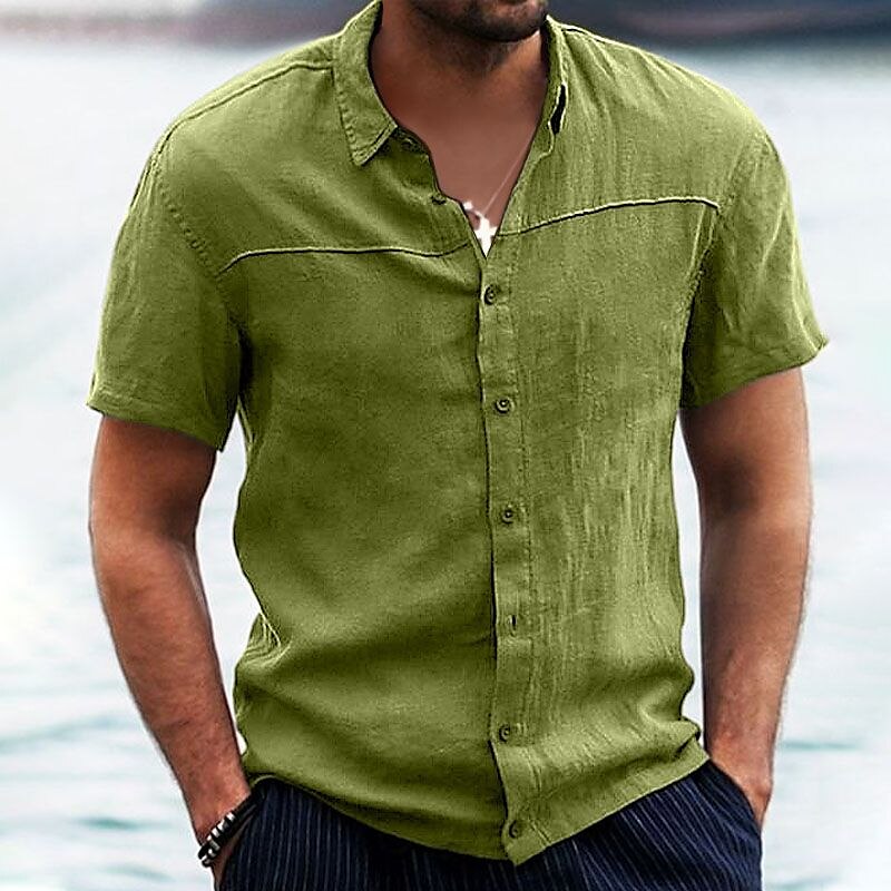 Men's Shirt Button Up Shirt Casual Shirt Summer Shirt Beach Shirt Pink Blue Brown Military Green Gray Short Sleeve Plain Lapel Daily Vacation Clothing Apparel Fashion Designer Casual