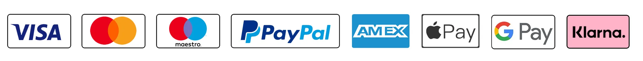 Visa, Mastercard, Maestro, PayPal, American Express, Apple Pay, Google Pay
